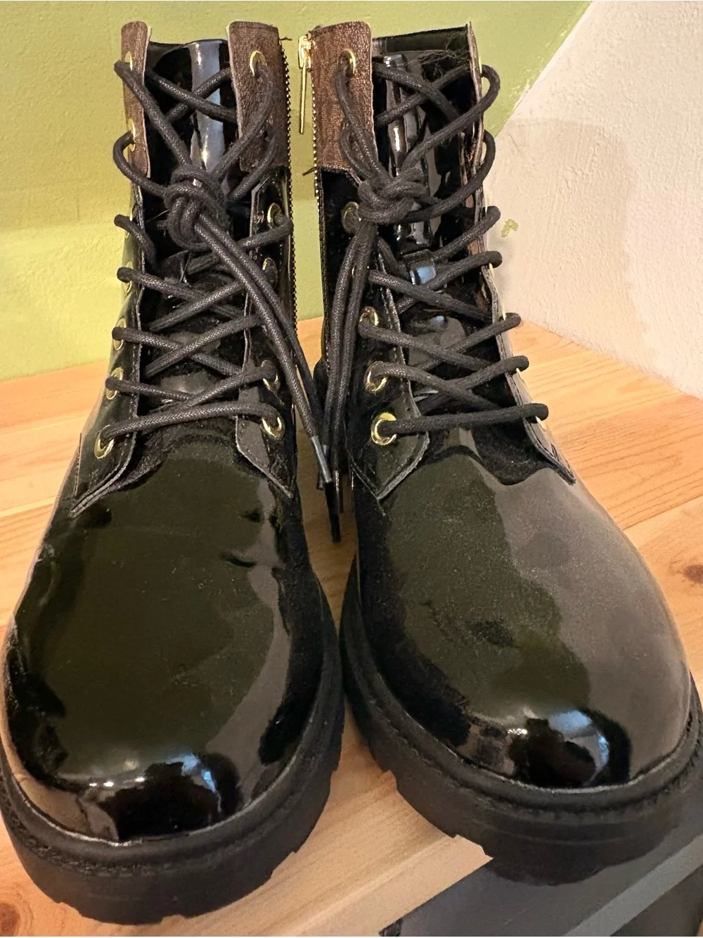 Michael Kors Black Patent Lace-Up Combat Boots with Gold Accents